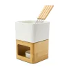 Set fondue ciocolata Rominox Dolce, ceramica, bambus, 4 furculite, suport lumanare, 11 x 15 cm