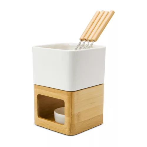 Set fondue ciocolata Rominox Dolce, ceramica, bambus, 4 furculite, suport lumanare, 11 x 15 cm