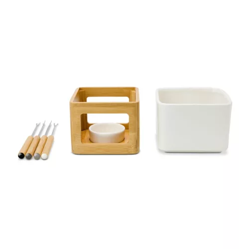 Set fondue ciocolata Rominox Dolce, ceramica, bambus, 4 furculite, suport lumanare, 11 x 15 cm