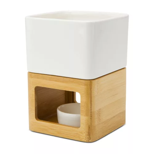 Set fondue ciocolata Rominox Dolce, ceramica, bambus, 4 furculite, suport lumanare, 11 x 15 cm