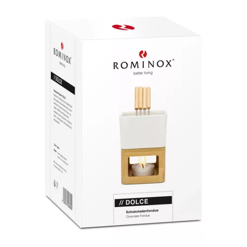 Set fondue ciocolata Rominox Dolce, ceramica, bambus, 4 furculite, suport lumanare, 11 x 15 cm