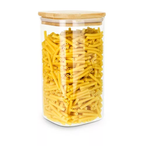 Borcan depozitare Rominox Cubo, 1,3 L, sticla borosilicata, capac bambus, etansare