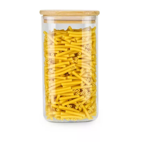 Borcan depozitare Rominox Cubo, 1,3 L, sticla borosilicata, capac bambus, etansare