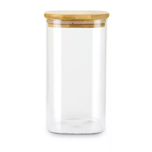 Borcan depozitare Rominox Cubo, 1,3 L, sticla borosilicata, capac bambus, etansare