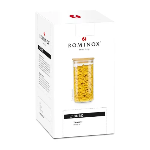 Borcan depozitare Rominox Cubo, 1,3 L, sticla borosilicata, capac bambus, etansare