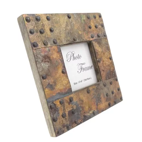Ramă foto Giftdeco A-1106, lemn de mango și metal, fotografie 10 x 10 cm, ramă 20 x 20 cm, stil vintage