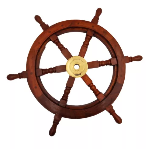 Timonă decorativa Giftdeco SW3/24, alamă și lemn, diametru 60 cm, stil retro, nautic