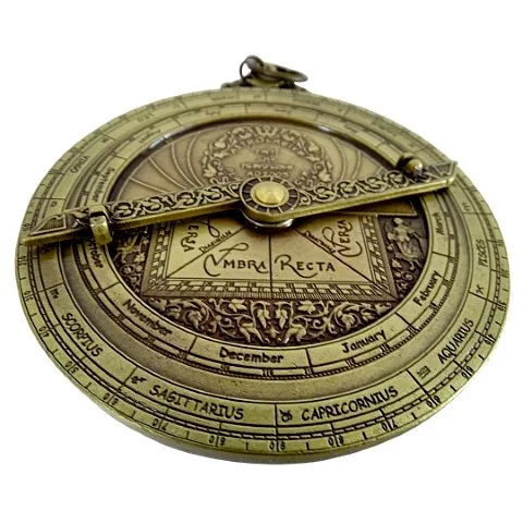 Astrolab decorativ Hemisferium H32, alamă și lemn, înălțime 12 cm, diametru 10 cm, stil modern, renaștere