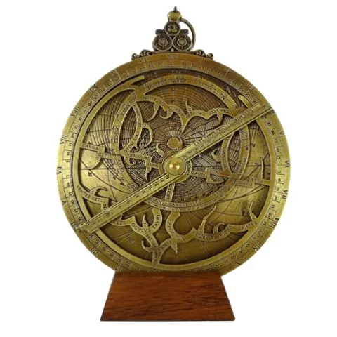 Astrolab decorativ Hemisferium H37, alamă și lemn, înălțime 18 cm, diametru 15 cm, stil modern, renaștere