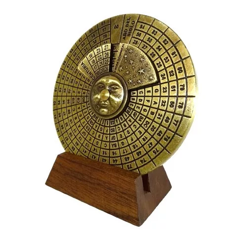 Calendar perpetuu Hemisferium H27, alamă și lemn, diametru 9 cm, stil renaștere