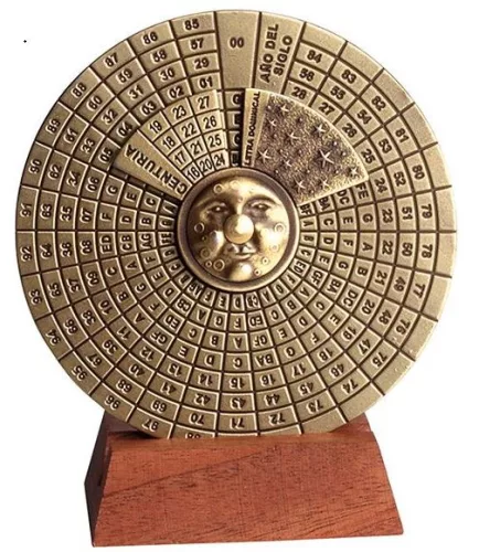 Calendar perpetuu Hemisferium H27, alamă și lemn, diametru 9 cm, stil renaștere