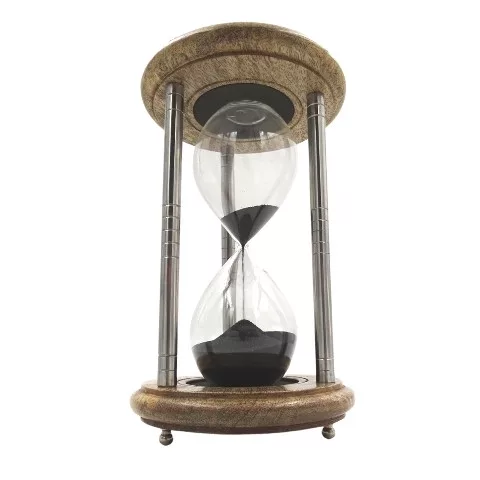 Clepsidră Giftdeco NC2989, lemn de mango, alamă, sticlă și metal, înălțime 25 cm, diametru 15 cm, stil clasic