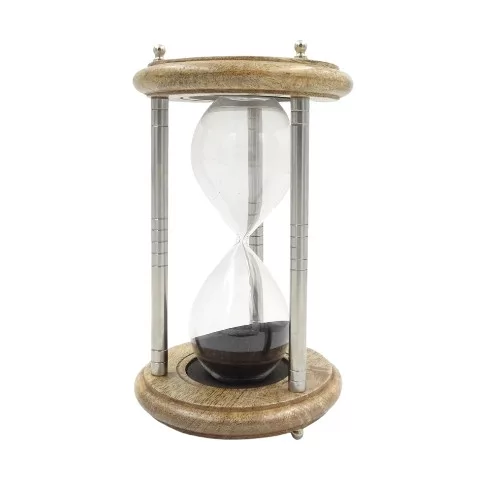 Clepsidră Giftdeco NC2989, lemn de mango, alamă, sticlă și metal, înălțime 25 cm, diametru 15 cm, stil clasic