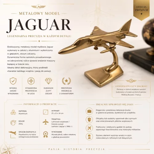 Machetă avion de vânătoare Jaguar Giftdeco JAG, aluminiu auriu, 21 x 12 x 14 cm