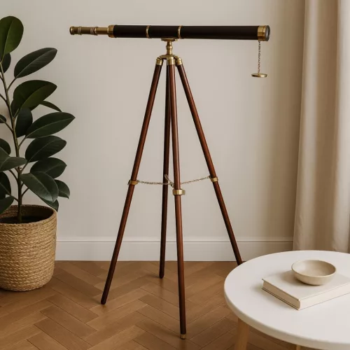 Lunetă Giftdeco, alamă, piele și lemn, lungime 96 cm, stil retro