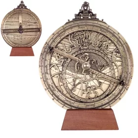   Astrolab decorativ Hemisferium H34, alamă și lemn, înălțime 24,5 cm, lățime 20 cm, stil modern, renaștere
