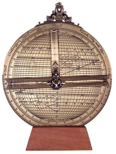 Astrolab decorativ Hemisferium H34, alamă și lemn, înălțime 24,5 cm, lățime 20 cm, stil modern, renaștere