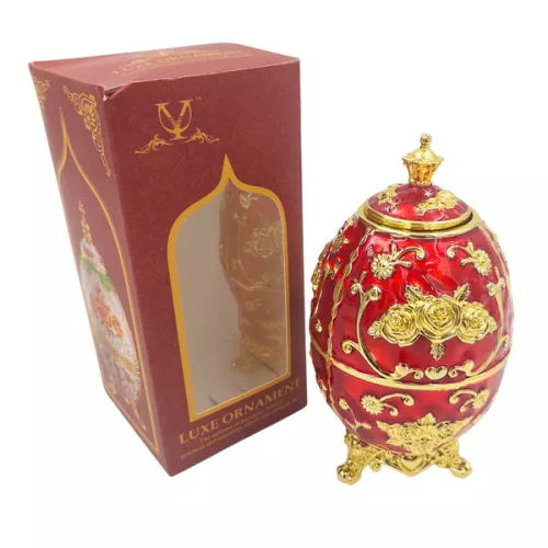 Ou decorativ Giftdeco HRRG tip Fabergé, plastic, roșu și auriu, 7 x 7 x 18 cm