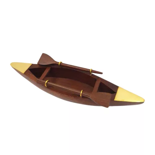 Model de barcă Giftdeco 717013, lemn și alamă, 25 x 6,3 x 4 cm, stil nautic minimalist