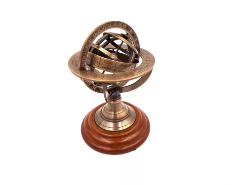 Astrolab decorativ Giftdeco NI351 din alamă și lemn, 13,5 cm