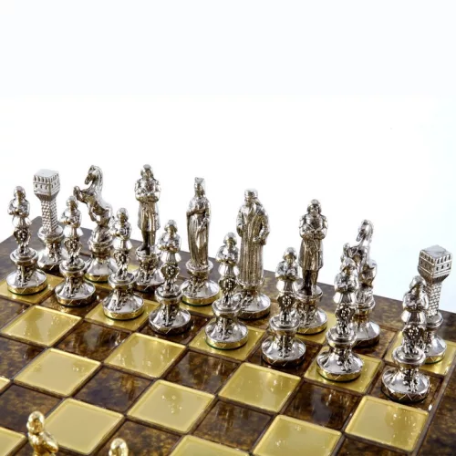 Set sah Manopoulos S9BRGS, alamă și lemn, înălțime 8,3 cm, stil renaștere