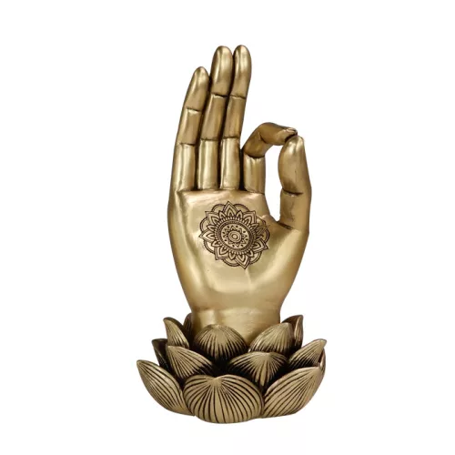 Figurină OM Mudra Giftdeco 43724, polirășină aurie, lotus și mandala, 21,3 cm