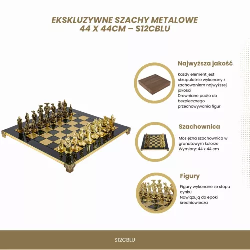 Set sah Manopoulos S12CBLU, alamă și lemn, 44 x 44 cm, stil renaștere