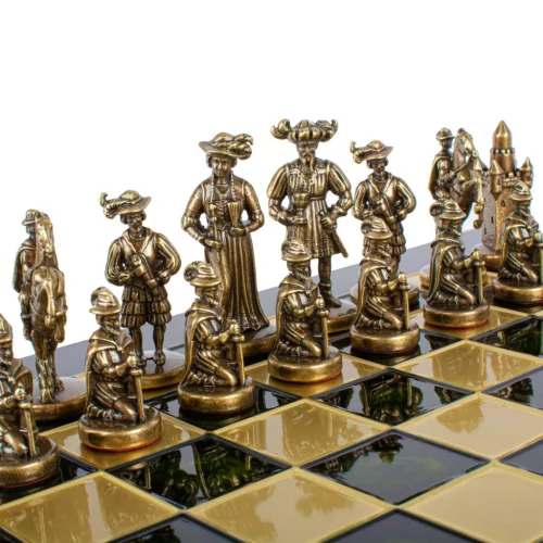 Set sah Manopoulos S12CBLU, alamă și lemn, 44 x 44 cm, stil renaștere