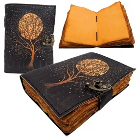  Jurnal Giftdeco AH08, piele de capra, copac si luna, granat si bej, 200 pagini, 18 x 13 cm