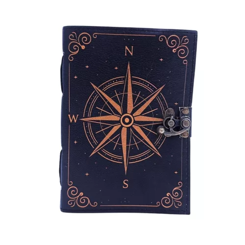 Jurnal Giftdeco AH09, piele de capra neagra, trandafirul vanturilor auriu, 200 pagini, 18 x 13 cm