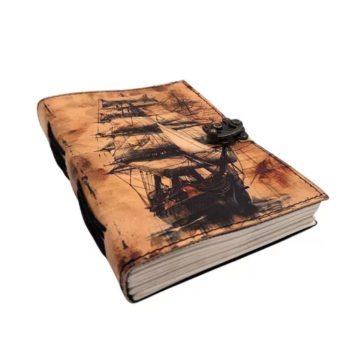 Jurnal Giftdeco AH11, piele de capra, velier, 200 pagini, 18 x 13 cm, stil retro nautic