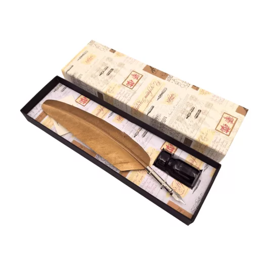 Set de caligrafie Giftdeco 7262 cu pana de gasca aurie, penita, cerneala si cutie cadou, 26,5 x 8 x 3 cm