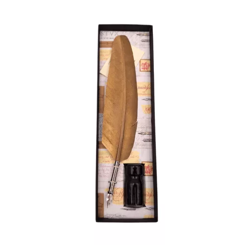 Set de caligrafie Giftdeco 7262 cu pana de gasca aurie, penita, cerneala si cutie cadou, 26,5 x 8 x 3 cm