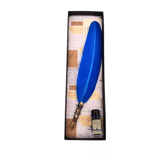 Set de caligrafie Giftdeco 7651 cu pana de gasca albastra, penita, cerneala si cutie cadou, 26,5 x 8 x 3 cm