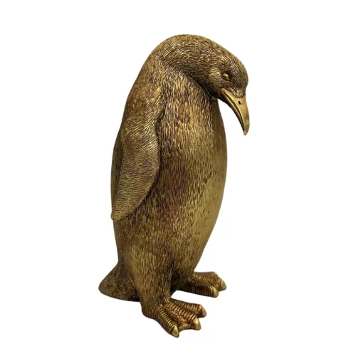 Figurină pinguin auriu Giftdeco 3989FJZ, rășină, 12,4 x 10,5 x 20,5 cm