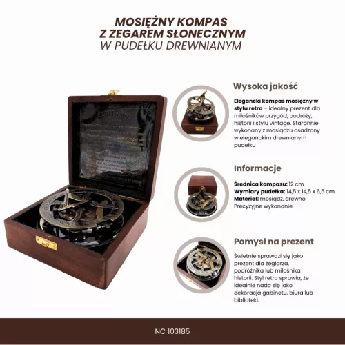 Busolă decorativă Giftdeco NC103185 – cadran solar, alamă, cutie din lemn