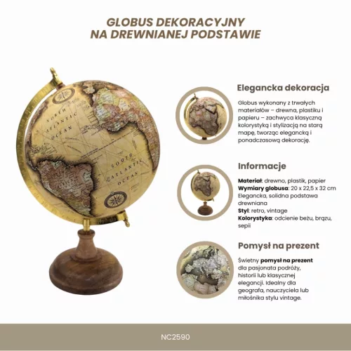 Glob decorativ vintage Giftdeco NC2590 – 32 cm, bază din lemn