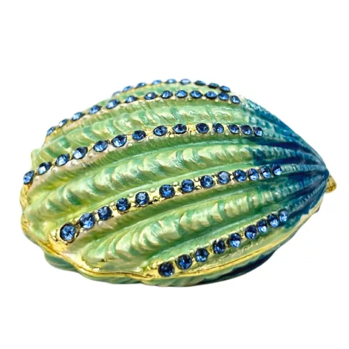 Casetă pentru bijuterii Giftdeco HX068 în formă de scoică, metal și cristale albastre, 6 x 6 x 3 cm