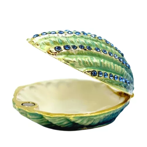 Casetă pentru bijuterii Giftdeco HX068 în formă de scoică, metal și cristale albastre, 6 x 6 x 3 cm