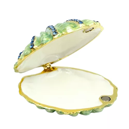 Casetă pentru bijuterii Giftdeco HX068 în formă de scoică, metal și cristale albastre, 6 x 6 x 3 cm