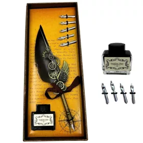   Set caligrafie Giftdeco EE5, pană de gâscă gri, 6 penițe și cerneală 15 ml