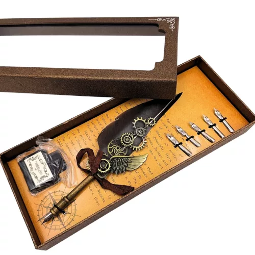 Set caligrafie Giftdeco EE5, pană de gâscă gri, 6 penițe și cerneală 15 ml