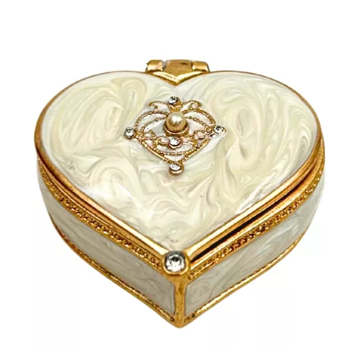 Cutie pentru bijuterii Giftdeco B0767-06WH în formă de inimă, metal, cristale, alb și auriu, 4,4 x 4 x 2 cm