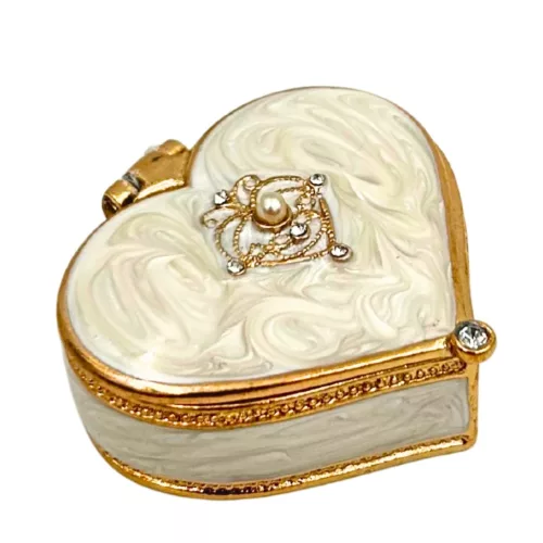 Cutie pentru bijuterii Giftdeco B0767-06WH în formă de inimă, metal, cristale, alb și auriu, 4,4 x 4 x 2 cm