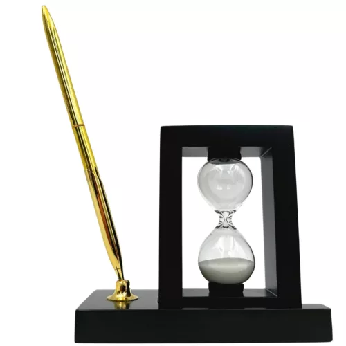 Set de birou Giftdeco 121W cu clepsidră 3 minute și suport pentru pixuri, MDF și sticlă