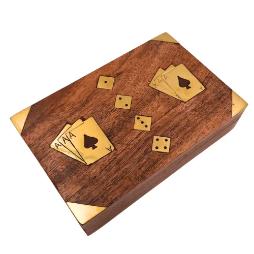 Set de jocuri Giftdeco DNU-008, 2 pachete de cărți și zaruri, cutie din lemn, 18 x 11,5 x 4,5 cm