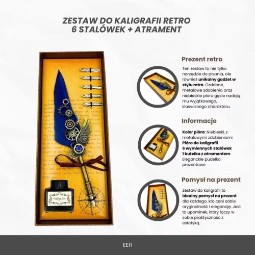 Set caligrafie Giftdeco EE11, pană de gâscă albastră, 6 penițe, cerneală și cutie
