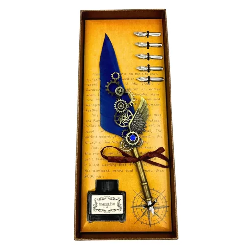 Set caligrafie Giftdeco EE11, pană de gâscă albastră, 6 penițe, cerneală și cutie