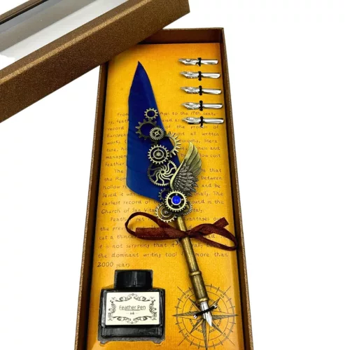 Set caligrafie Giftdeco EE11, pană de gâscă albastră, 6 penițe, cerneală și cutie