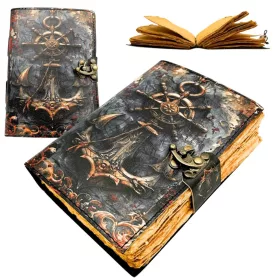   Jurnal Giftdeco H110, piele de capra, alamă și metal, 18 x 13 cm, stil retro, vintage, nautic